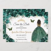 Save The Date Emerald Floral Princess Quinceañera Enregistrer la (Devant / Derrière)