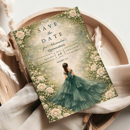 Save The Date Emerald Garden Rose Quinceañera
