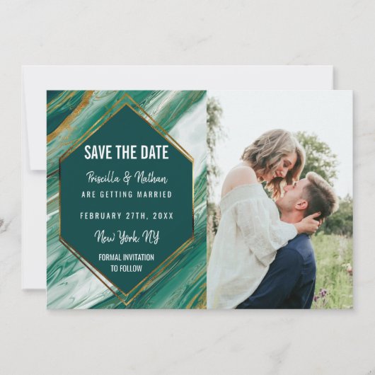 Save The Date Emerald Gold Abstrait Agate Marble Enregistrer la  (Devant)