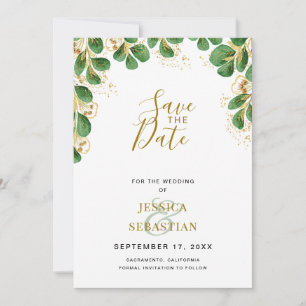 Save The Date Emerald & Gold Eucalyptus Green Photo élégante