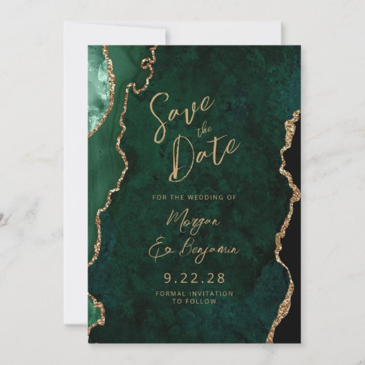 Save The Date Emerald Green Agate Script Wedding Enregistrer la  (Devant)