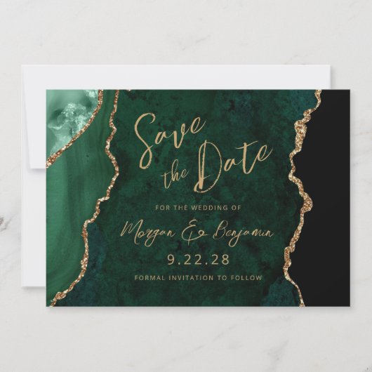 Save The Date Emerald Green Agate Script Wedding Enregistrer la (Devant)