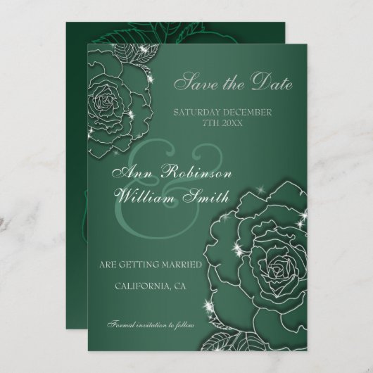 Save The Date Emerald green Argent floral Elégant mariage (Devant / Derrière)