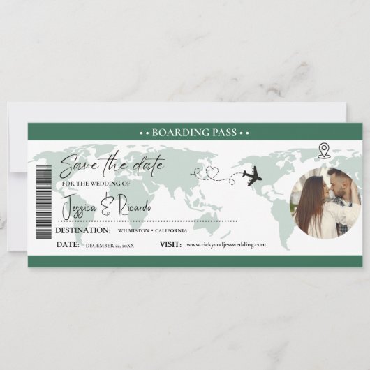 Save The Date Emerald Green Boarding pass Mariage de billet (Devant)
