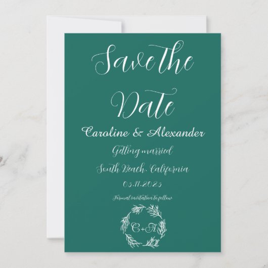 Save The Date Emerald Green Élégant simple Mariage floral (Devant)