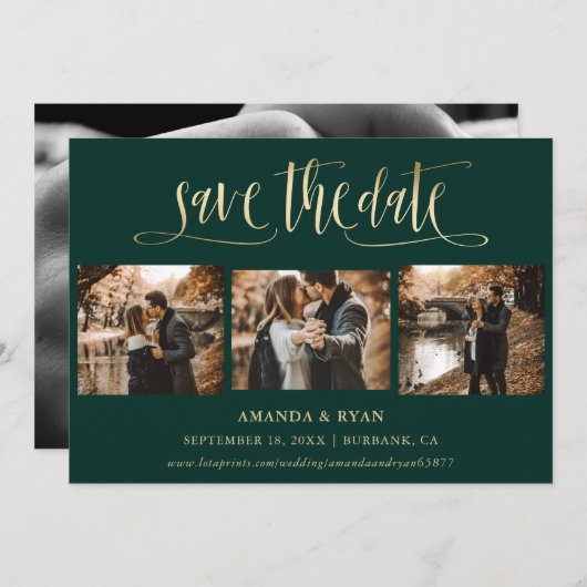 Save The Date Emerald Green et Gold Mariage Photo Enregistrer la (Devant / Derrière)