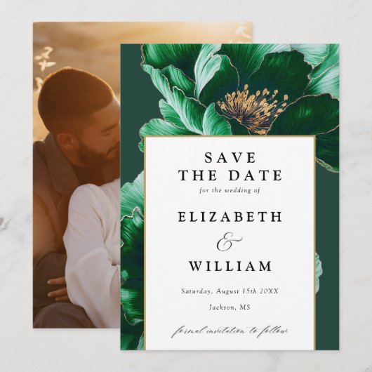 Save The Date Emerald Green Et Gold Modern Floral Photo Mariage (Devant / Derrière)