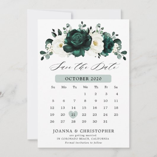 Save The Date Emerald Green Eucalyptus White Floral Calendrier (Devant)