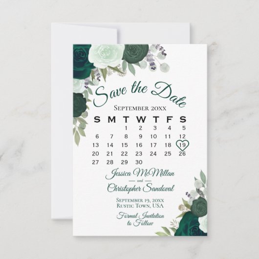 Save The Date Emerald Green Floral Elegant Boho Mariage Calendri (Devant)