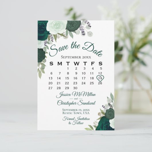 Save The Date Emerald Green Floral Elegant Boho Mariage Calendri (Debout devant)
