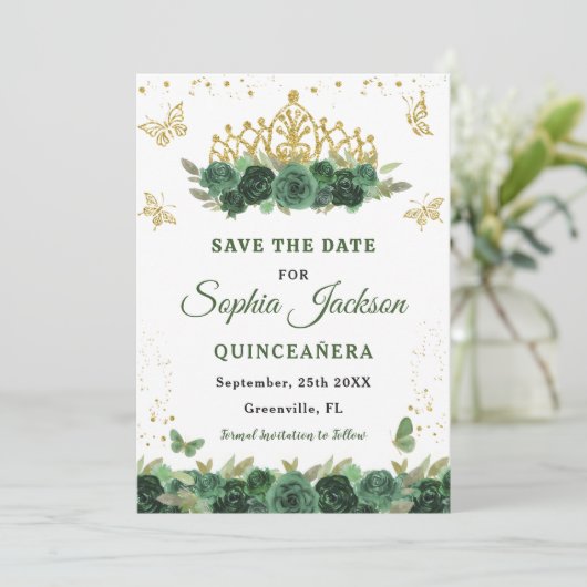 Save The Date Emerald Green Floral Tiara Butterfly Quinceanera (Debout devant)