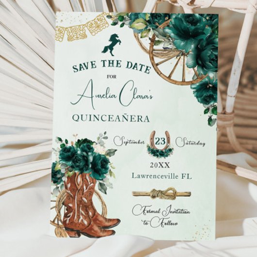 Save The Date Emerald Green Floral Wild West Charro Quinceañera