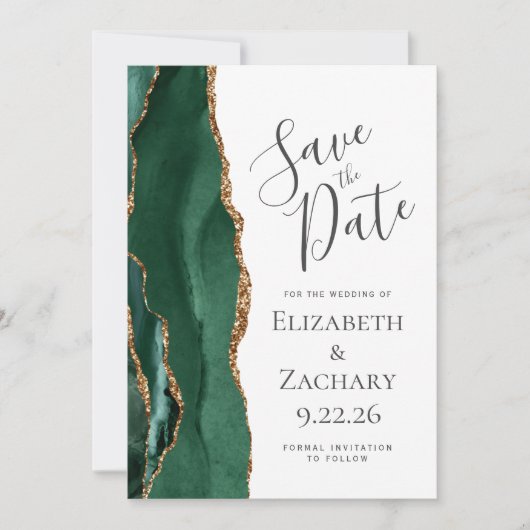 Save The Date Emerald Green Gold Agate 5-Photo Enregistrer la da (Devant)