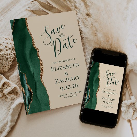Save The Date Emerald Green Gold Agate Champagne Enregistrer la
