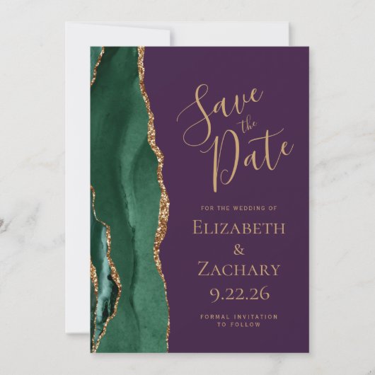 Save The Date Emerald Green Gold Agate Purple Enregistrer la dat (Devant)