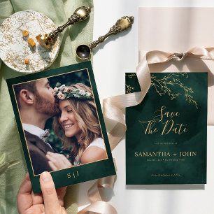 Save The Date Emerald Green & Gold Botanical Photo élégante