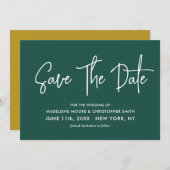 Save The Date Emerald Green & Gold Calligraphy Scan QR Code (Devant / Derrière)
