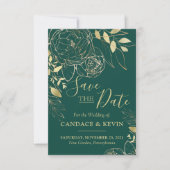 Save The Date Emerald Green & Gold Peony Moderne Floral Mariage (Devant)
