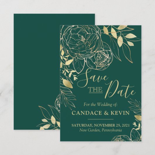 Save The Date Emerald Green & Gold Peony Moderne Floral Mariage (Devant / Derrière)