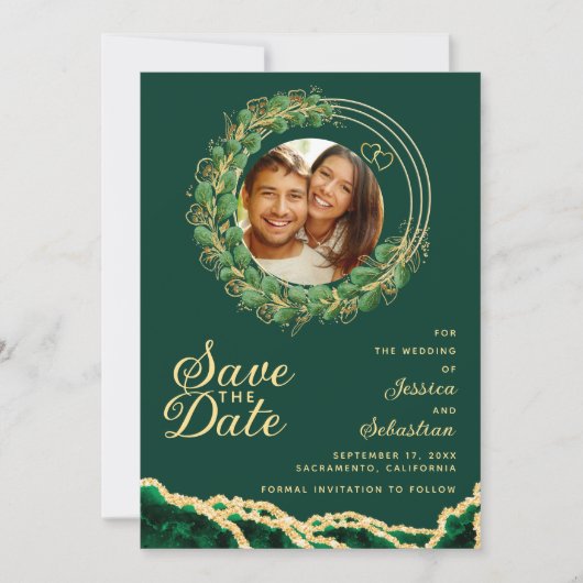 Save The Date Emerald Green & Gold Photo QR Code élégant (Devant)