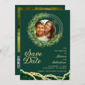 Save The Date Emerald Green & Gold Photo QR Code élégant (Devant / Derrière)