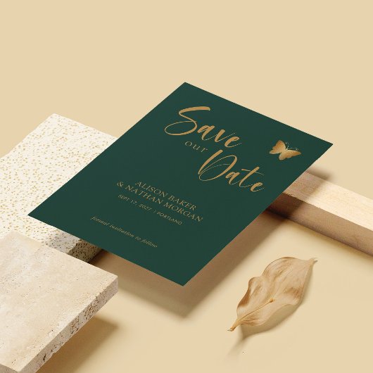 Save The Date Emerald Green & Gold Script avec Parties scintilla