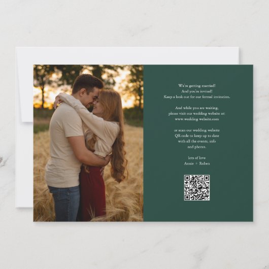 Save The Date Emerald Green Heart Script Photo Mariage QR Code (Dos)