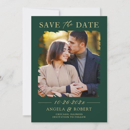 Save The Date Emerald Green Luxury Gold Brush Stroke Photo Frame (Devant)