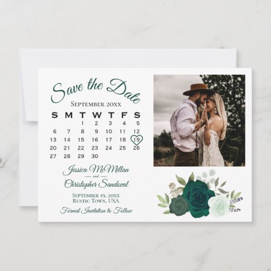 Save The Date Emerald Green Mariage Rose Calendrier et photo (Devant)