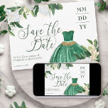 Save The Date Emerald Green Peony blanc Quinceanera Princess<br><div class="desc">Emerald Green Quinceanera Enregistrer la carte Date avec robe princesse verte et or et aquarelle arrangements floraux de fleurs de pivoine blanche et de verdure. Save the Date est écrit dans la calligraphie tourbillonnant et le reste dans la typographie serif élégante. S'il vous plaît voir ma collection Emerald Greenery &...</div>