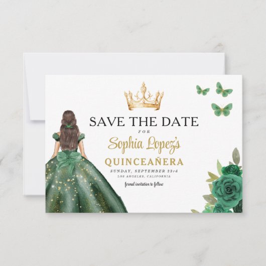 Save The Date Emerald Green Princess Quinceañera Enregistrer la (Devant)