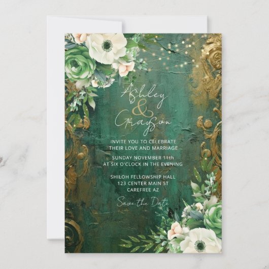 Save The Date Emerald Green Romantic Floral Mariage (Devant)