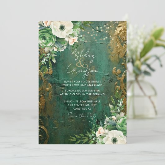 Save The Date Emerald Green Romantic Floral Mariage (Debout devant)