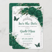Save The Date Emerald Green Roses Floral Quinceañera Papillons (Devant / Derrière)