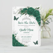 Save The Date Emerald Green Roses Floral Quinceañera Papillons (Debout devant)