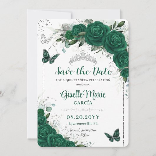 Save The Date Emerald Green Roses Floral Quinceañera Papillons (Devant)