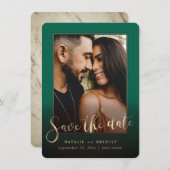 Save The Date Emerald Green Script & Marble Photo Overlay (Devant / Derrière)