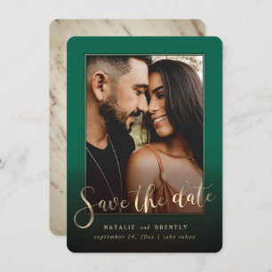 Save The Date Emerald Green Script & Marble Photo Overlay