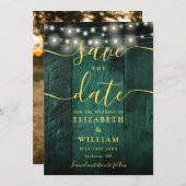 Save The Date Emerald Green String Lights Mariage photo en bois (Devant / Derrière)
