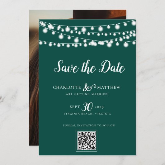Save The Date Emerald Green String Lights Script moderne Enregis (Devant / Derrière)