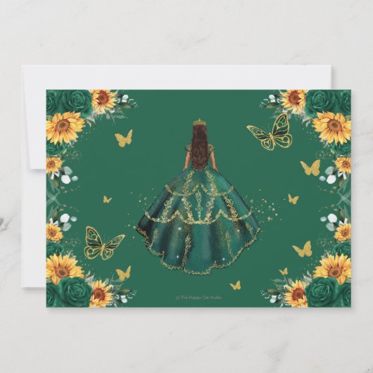 Save The Date Emerald Green Sunflowers Floral Gold Quinceañera (Dos)