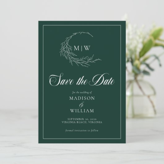 Save The Date Emerald Green Wispy Crest Monogramme Enregistrer l (Debout devant)