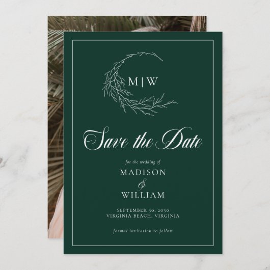 Save The Date Emerald Green Wispy Crest Monogramme Enregistrer l (Devant / Derrière)
