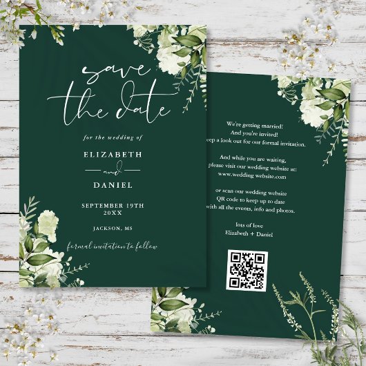 Save The Date Emerald Greenery Floral QR Code Mariage