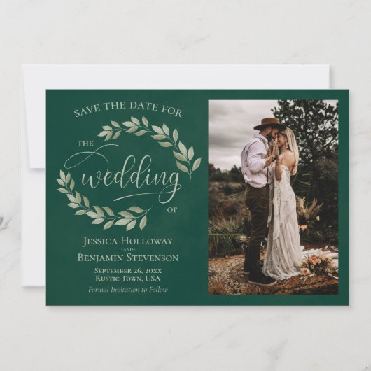 Save The Date Emerald & Sage Green Feuilles & Photo Rustic Maria (Devant)