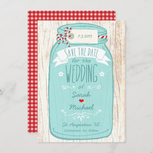 Save The Date En vichy rouge & Mint Mason Jar Enregistrer la dat (Devant / Derrière)