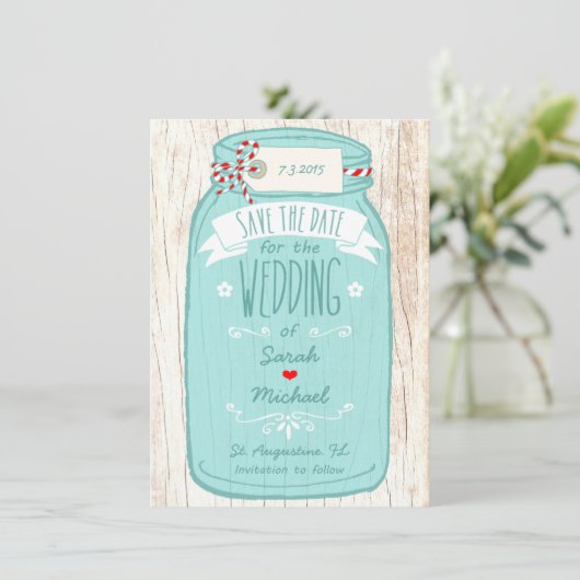 Save The Date En vichy rouge & Mint Mason Jar Enregistrer la dat (Debout devant)