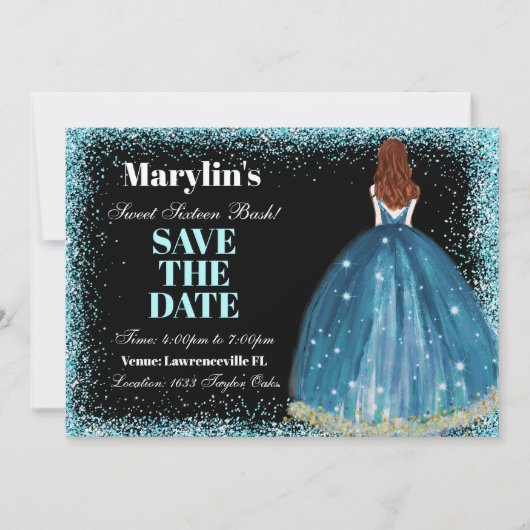 Save The Date Enchanter Parties scintillant Turquoise Princesse  (Devant)