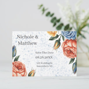 Save The Date Encre Alcool Aquarelle Roses Bleu Orange Mariage