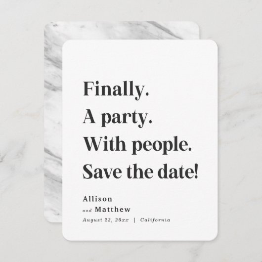 Save The Date Enfin une partie Texte simple Noir & Blanc Minimal (Devant / Derrière)